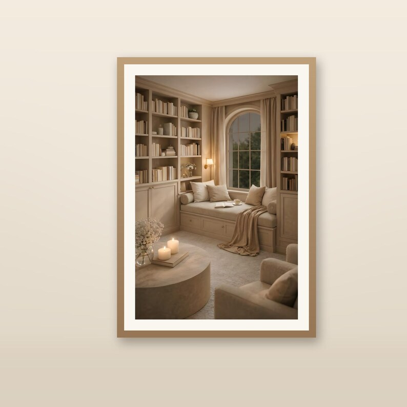 Reading nook wall art printable close-up of arched window book nook in white frame, neutral minimalist library decor