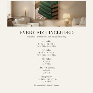 Insert card showing the five printable ratios and exact inch and ISO sizes included in this digital download