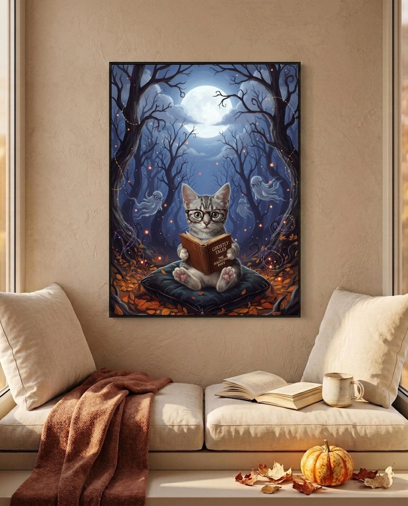 The kitten and ghosts ghost reading print framed above a cushioned window bench with a wool throw and a small pumpkin