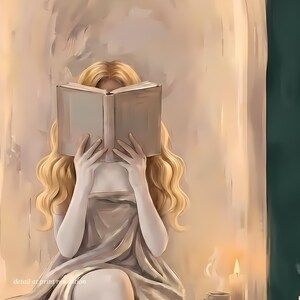 Close-up detail of the blonde woman reading in an emerald green arched nook artwork showing brushwork and candlelight at full print resolution.