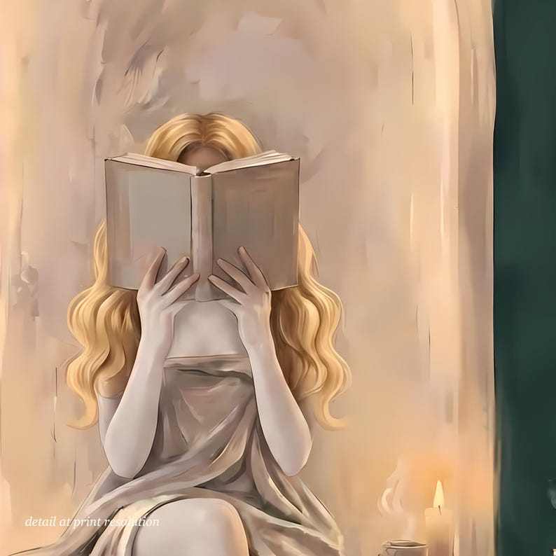 Close-up detail of the blonde woman reading in an emerald green arched nook artwork showing brushwork and candlelight at full print resolution.