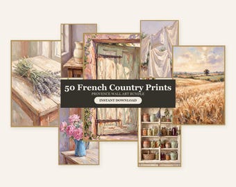 Set van 50 printbare wanddecoraties in Franse landelijke stijl, Provençaalse boerderijdecoratie, lavendelkleurige keukendecoratie