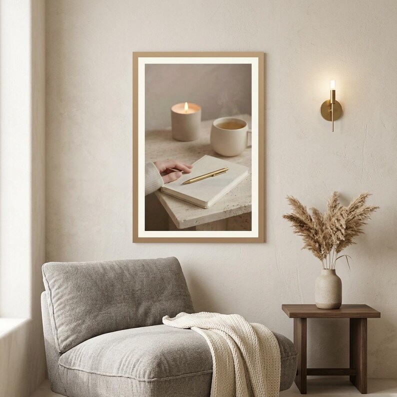 Evening journal ritual wall art printable between grey armchair and dark wood side table with pampas, neutral beige living room mockup