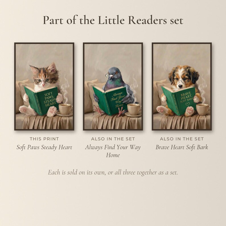 This print shown beside the other two prints of the Little Readers set, each labelled this print or also in the set
