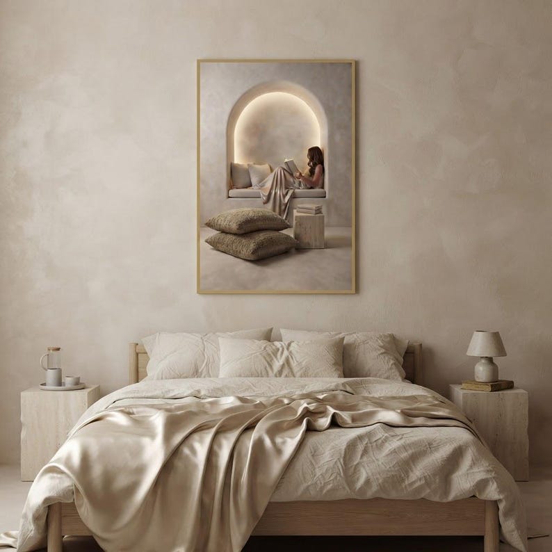 The built for rest print framed on the wall of a styled neutral room, showing how it sits in a real interior. neutral printable wall art, minimalist home decor, Japandi style, calm living room and bedroom decor, slow living digital download.