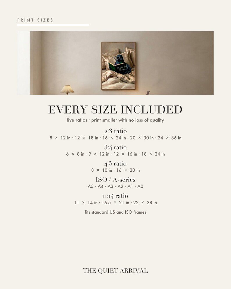 Print size chart showing every included ratio and dimension for this digital wall art download