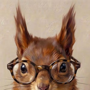 Close crop of the painted red squirrel's face, dark eyes and round tortoiseshell glasses