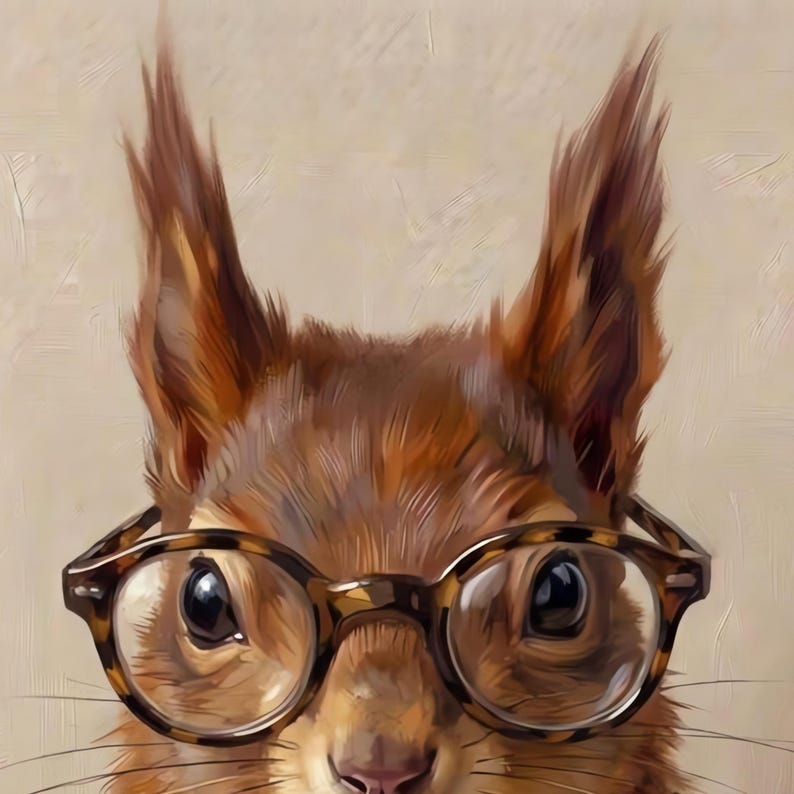 Close crop of the painted red squirrel's face, dark eyes and round tortoiseshell glasses