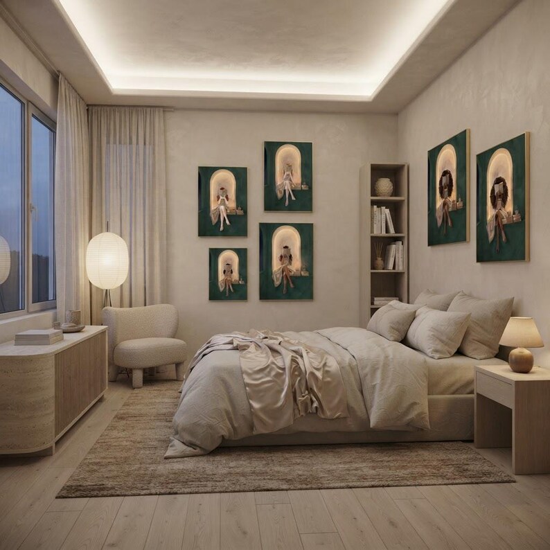 Six emerald green reading nook art prints grouped in two clusters on a bedroom wall, above a linen bed with a paper lantern floor lamp and a travertine sideboard.