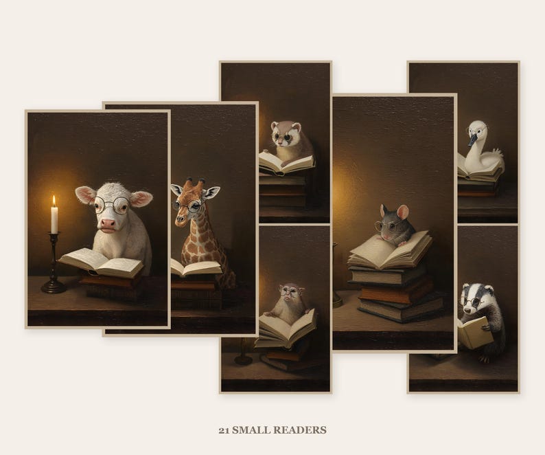Seven more framed candlelit animal prints in a second gallery wall arrangement