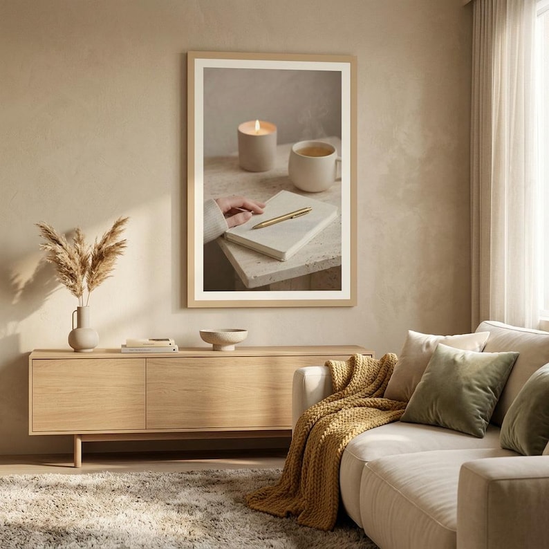 Evening journal ritual wall art printable above wooden media console with white sofa and pampas grass, neutral beige living room mockup