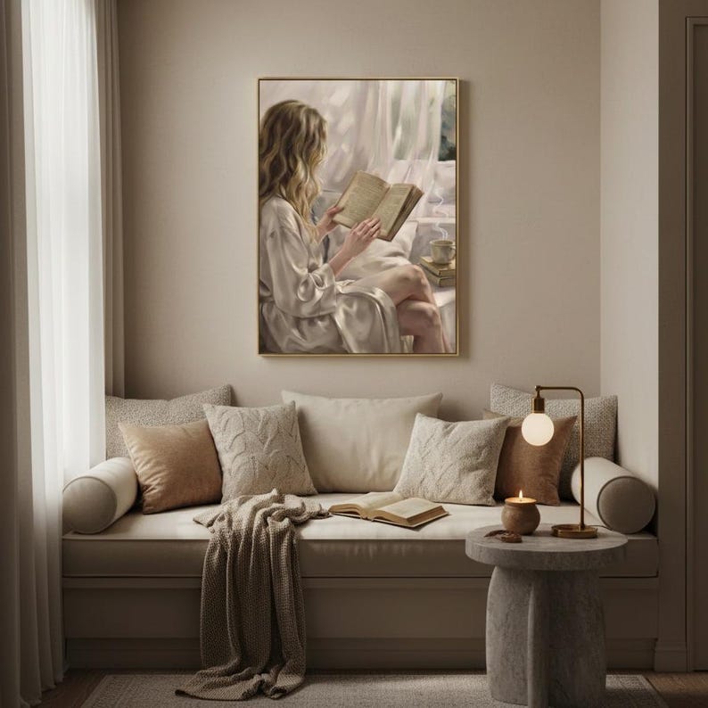 Cushioned reading nook with a knitted throw and brass lamp, the woman reading art print framed in gold on the wall above