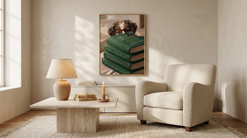 Wide view of a neutral living room with the dog peeking over books print framed above a low sofa in soft daylight