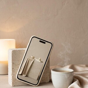 Puede incluir: Un tel&eacute;fono inteligente con funda de color beige claro que muestra en pantalla una imagen de tela drapeada y peque&ntilde;os objetos de cer&aacute;mica, junto a una taza de cer&aacute;mica humeante y un bloque de piedra texturizado en tonos beige.