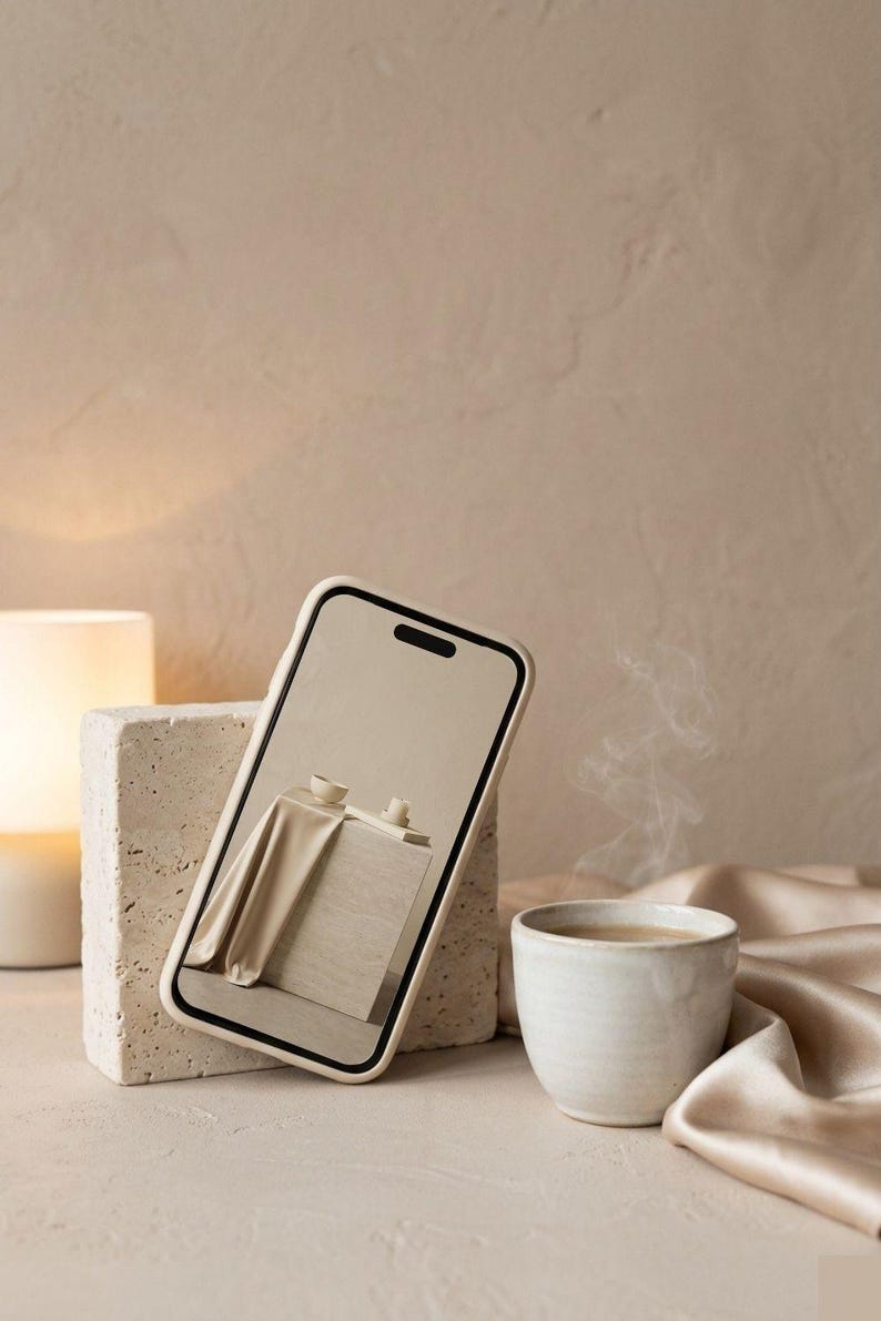 Puede incluir: Un tel&eacute;fono inteligente con funda de color beige claro que muestra en pantalla una imagen de tela drapeada y peque&ntilde;os objetos de cer&aacute;mica, junto a una taza de cer&aacute;mica humeante y un bloque de piedra texturizado en tonos beige.