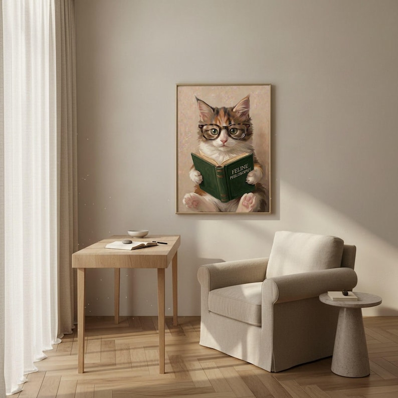 Painterly print of a calico kitten in round tortoiseshell glasses reading a green book framed above a pale wooden desk and chair beside a bright curtained window
