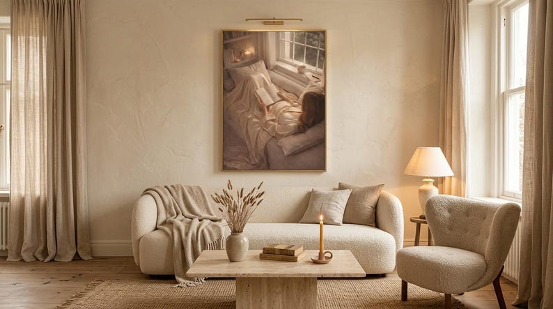 Beige wall art print framed above a cream boucle sofa in a warm minimalist living room with jute rug, dried pampas grass, and linen curtains.