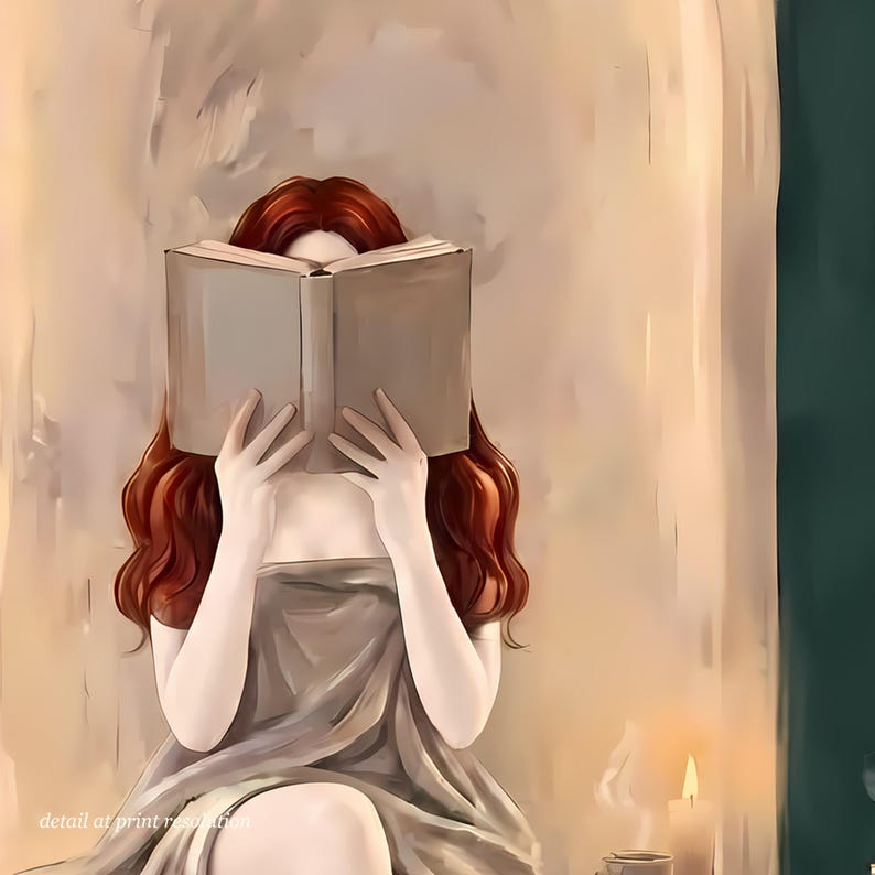 Close-up detail of the red-haired woman reading in an emerald green arched nook artwork showing brushwork and candlelight at full print resolution.
