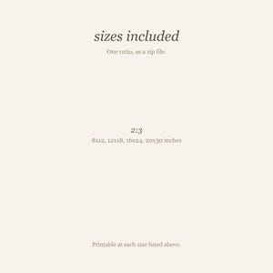 Cream size guide card listing the print sizes included in the download