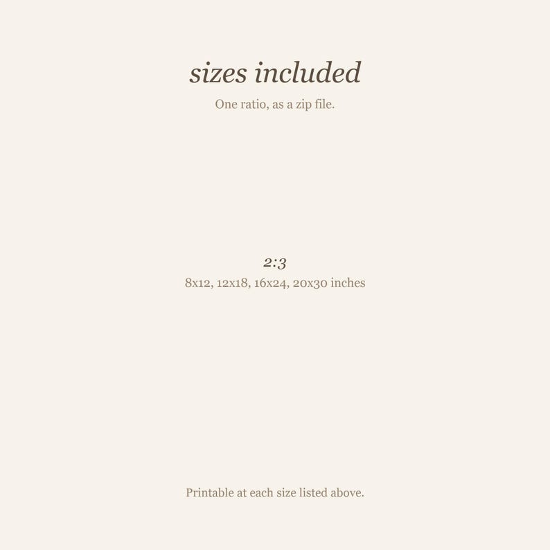 Cream size guide card listing the print sizes included in the download