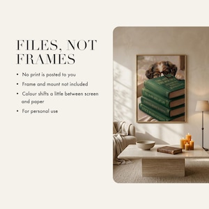Detail insert card showing the To Fetch or Not to Fetch? print framed on a warm plaster wall