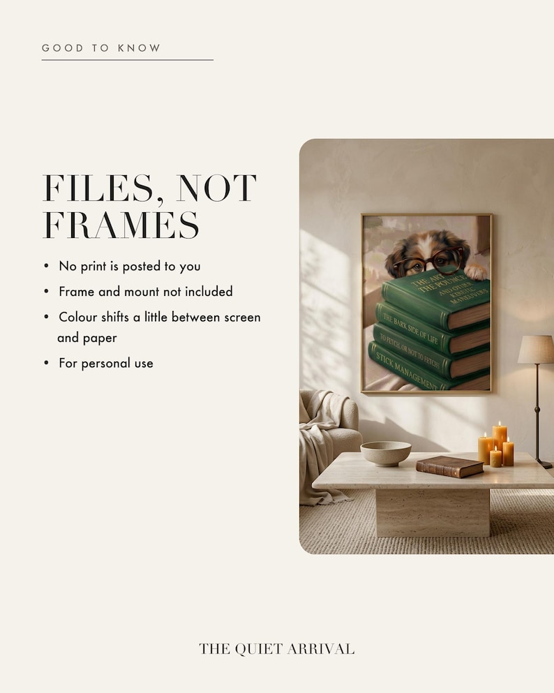 Detail insert card showing the To Fetch or Not to Fetch? print framed on a warm plaster wall