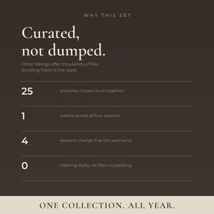 Why this set: 25 artworks chosen to sit together, one palette across all four seasons, change it as the year turns, with no clashing styles