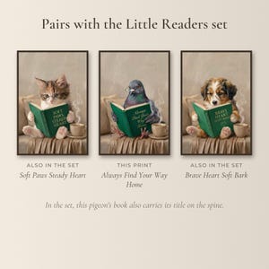 This blank-spine pigeon print shown beside the kitten and puppy prints it pairs with from the Little Readers set