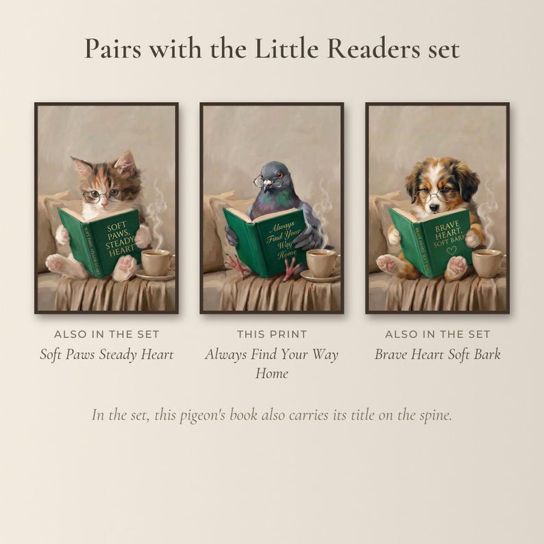 This blank-spine pigeon print shown beside the kitten and puppy prints it pairs with from the Little Readers set