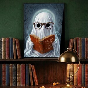 Painterly print of a small ghost in round tortoiseshell glasses reading a clothbound book titled Ghostly Tales, on a moonlit night background, framed on a dark green library shelf