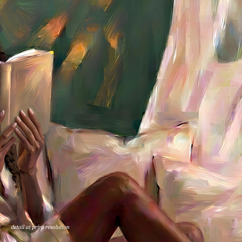 Close-up detail of the Black woman with long braids reading on an emerald green window seat artwork, showing the painterly brushwork and her hand resting on the open book at full print resolution.