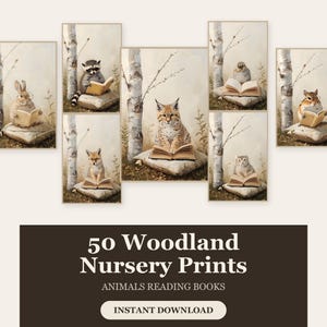 Puede incluir: Una colección de siete láminas de arte mural con animales del bosque, como un conejo, un mapache, un lince, un pájaro, un zorro y una ardilla, cada uno sentado sobre un cojín y leyendo un libro junto a un abedul. Texto: 50 Woodland Nursery Prints.