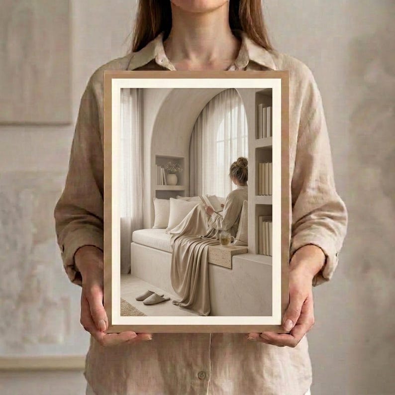 Billowing Curtains Wall Art held in hands, full artwork scale mockup. neutral printable wall art, minimalist home decor, Japandi style, calm living room decor, slow living digital download.