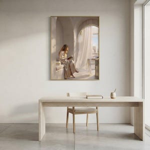 The you can stay here print framed as the focal point of a calm neutral interior. neutral printable wall art, minimalist home decor, Japandi style, calm living room and bedroom decor, slow living digital download.