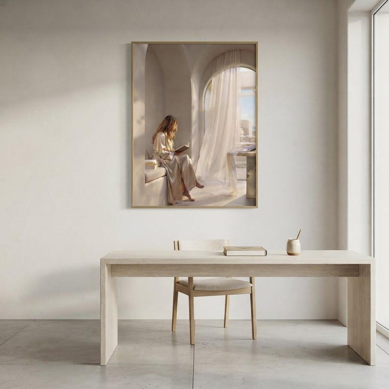 The you can stay here print framed as the focal point of a calm neutral interior. neutral printable wall art, minimalist home decor, Japandi style, calm living room and bedroom decor, slow living digital download.