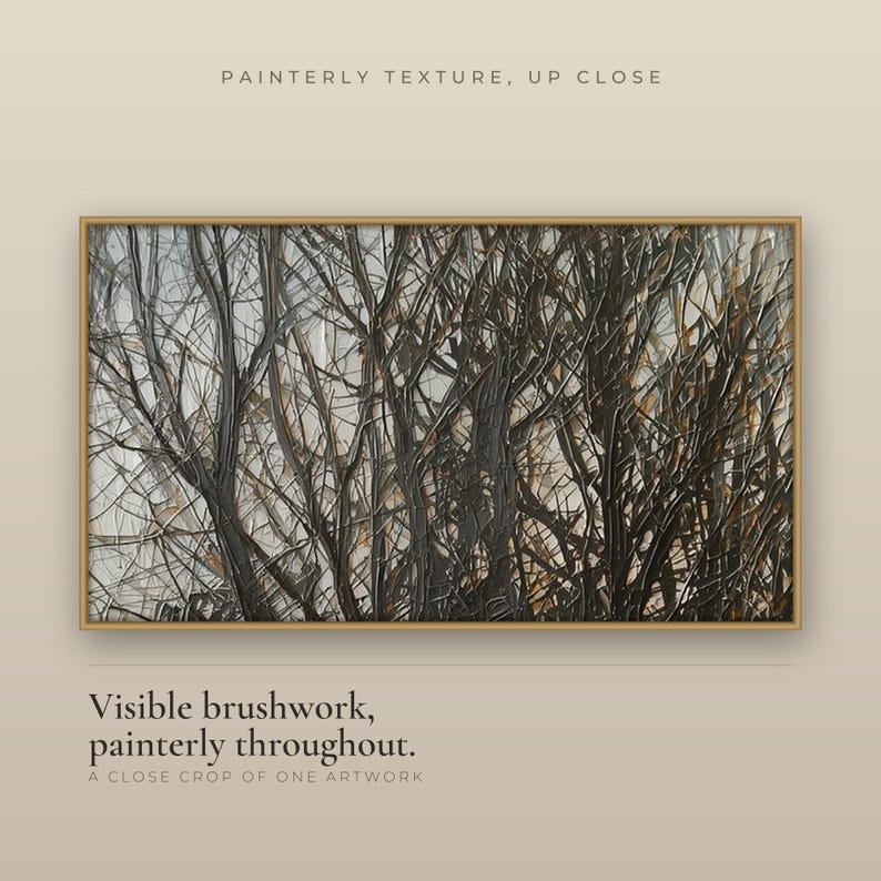 Close-up of a painterly bare-branch Halloween artwork showing textured brushwork for Frame TV.