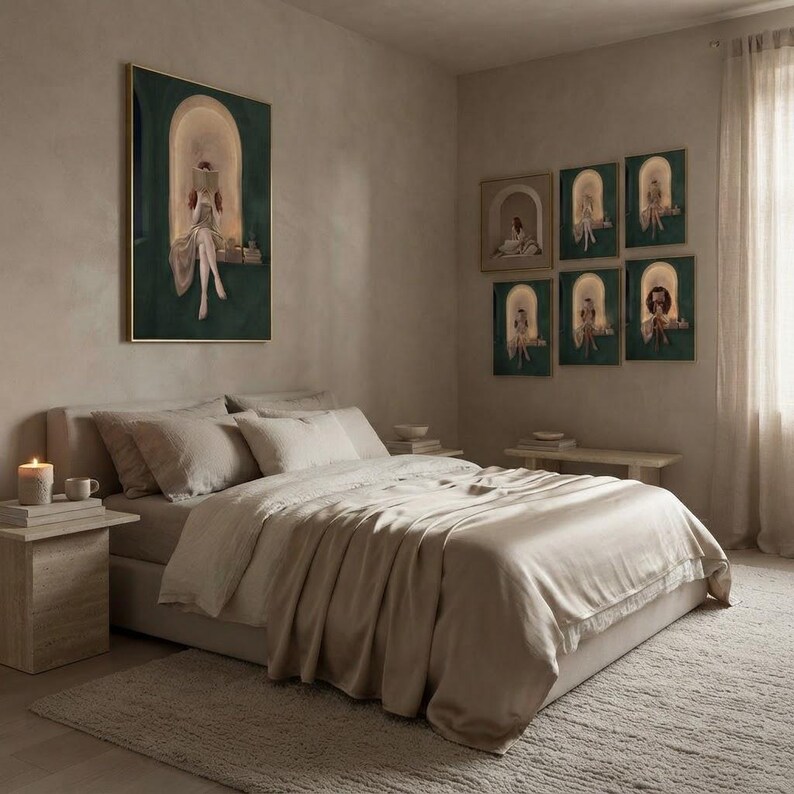 One large emerald green reading nook print above a linen bed, with the other five from the set grouped as a small gallery on the adjoining bedroom wall.