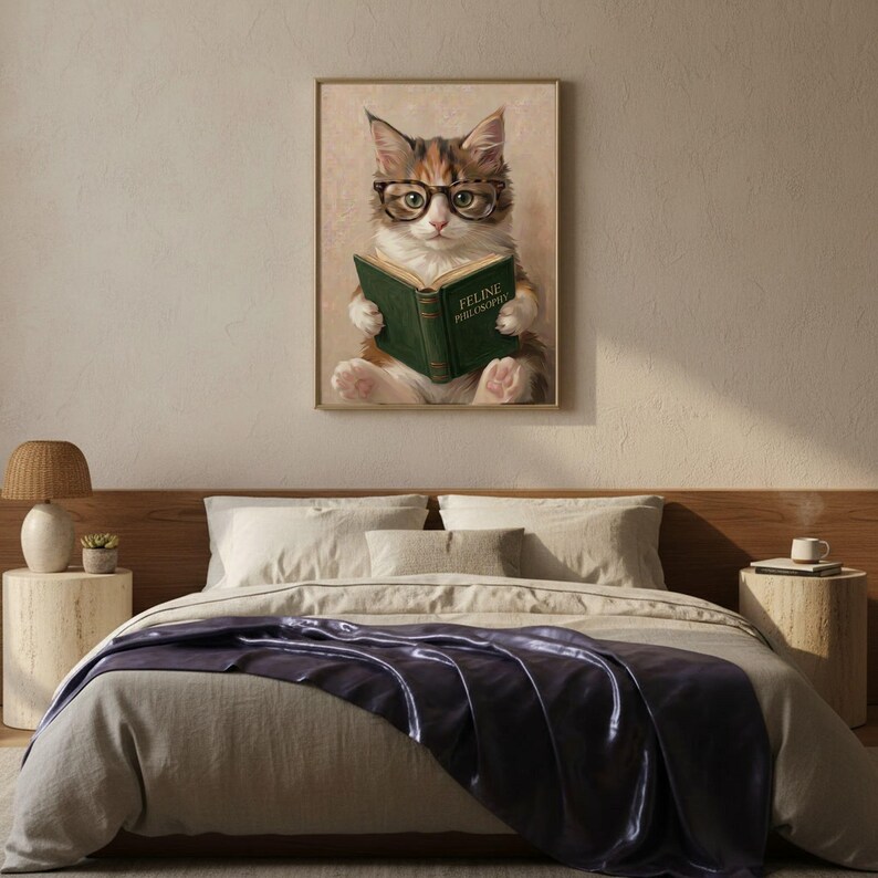 Painterly print of a calico kitten in round tortoiseshell glasses reading a green book framed on a textured plaster bedroom wall above linen bedding in soft morning light