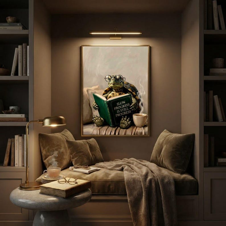 Framed tortoise reading print in a quiet reading corner beside a low sofa and a small lamp