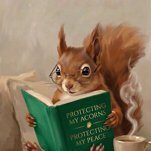 Close-up detail of the squirrel reading print showing the round glasses, the gold acorn emblem on the green book, and the clawed front paws