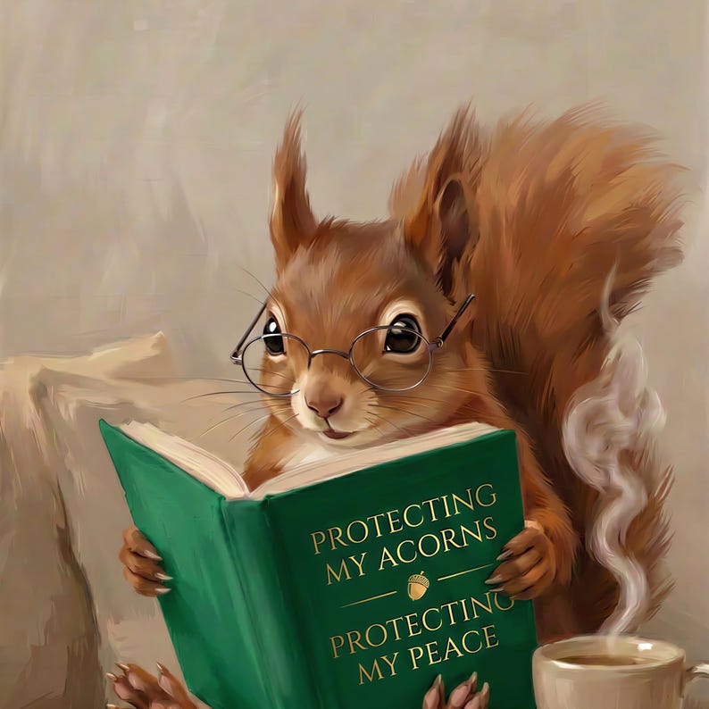 Close-up detail of the squirrel reading print showing the round glasses, the gold acorn emblem on the green book, and the clawed front paws