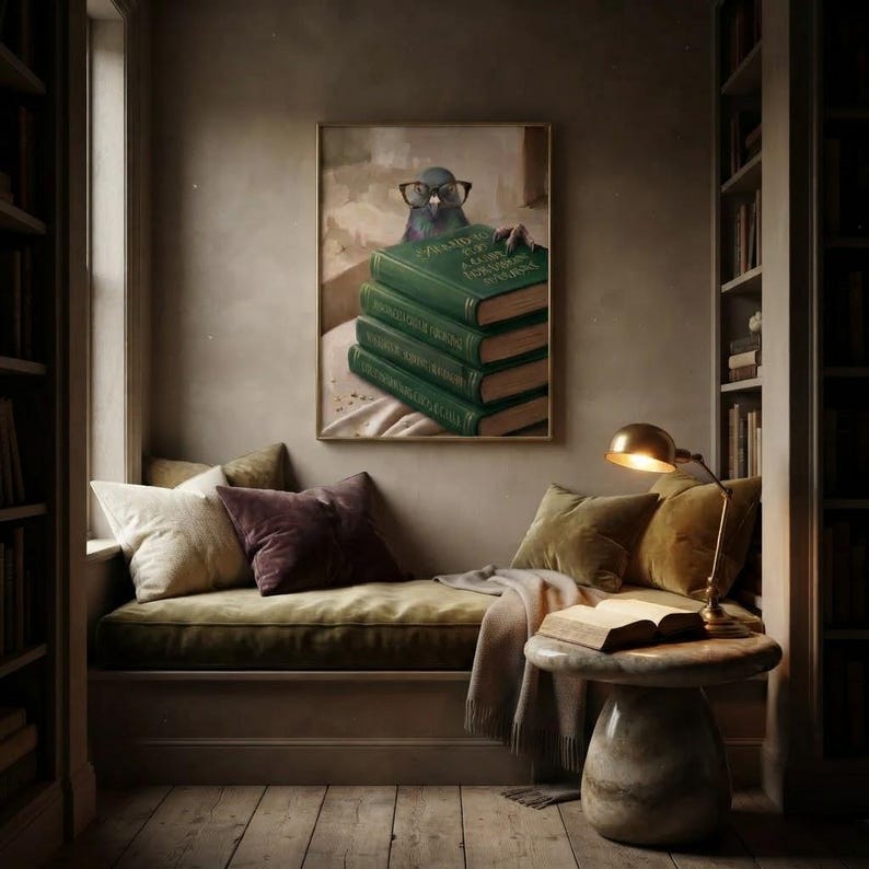 Framed pigeon peeking over books print in a quiet reading corner beside a low sofa and a small lamp