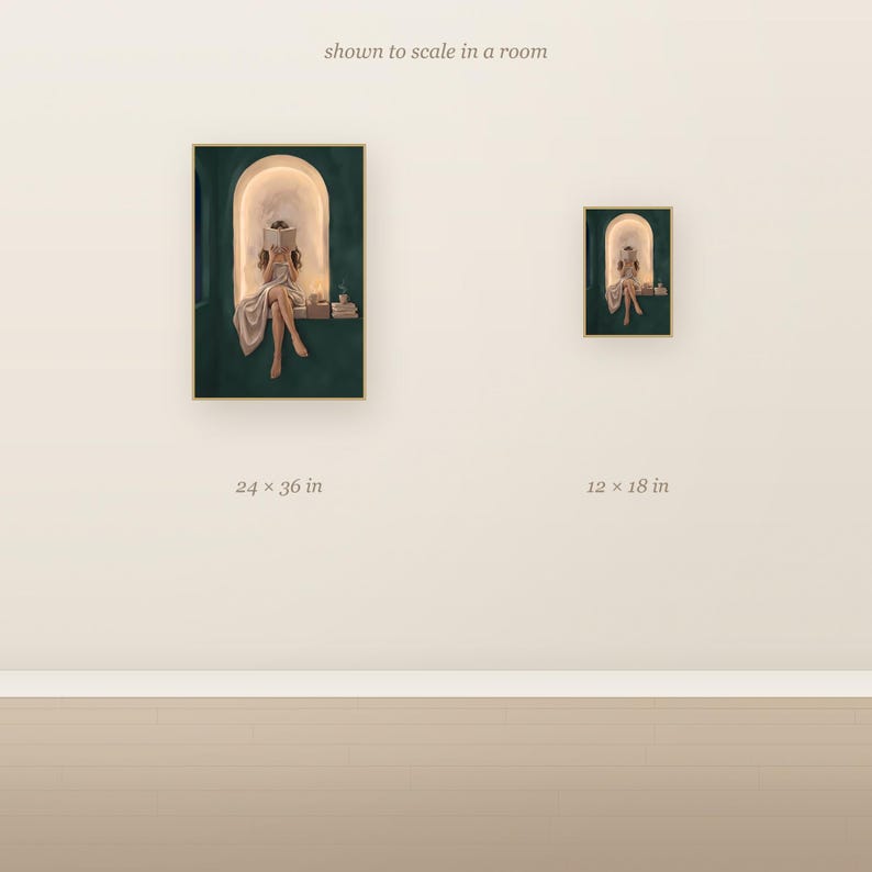Scale comparison showing the woman with light brown hair reading in an emerald green arched nook art print at 24x36 inches next to 12x18 inches on a wall.