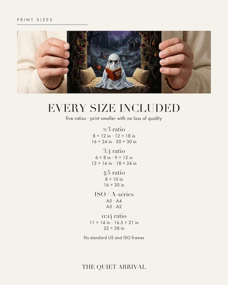 Size chart card listing every print size included for each aspect ratio in this download.