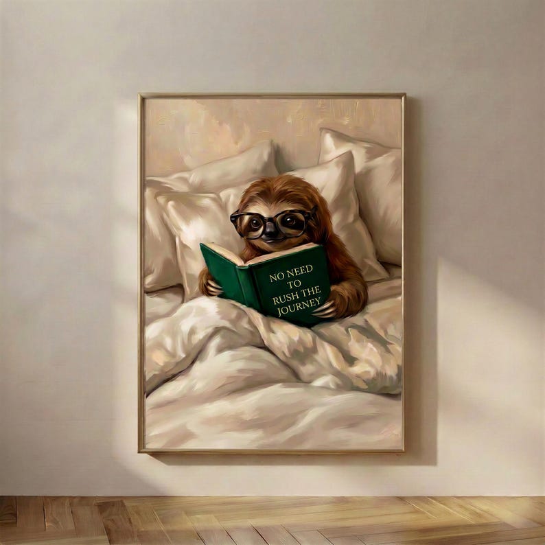 The framed sloth reading print in a thin gold frame on a warm plaster wall above a wooden floor