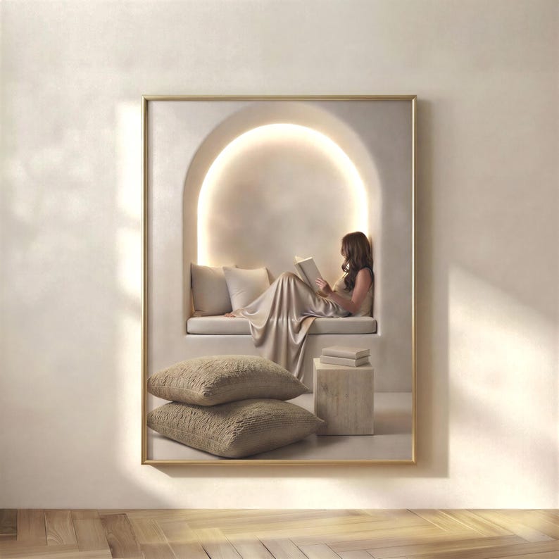 Framed print of a woman reclining with a book in a softly lit plaster alcove, pillows stacked beside her, hung on a warm plaster wall above a pale oak herringbone floor. neutral printable wall art, minimalist home decor, Japandi style, calm living room and bedroom decor, slow living digital download.