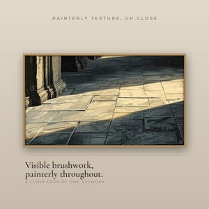 Close-up crop of one painterly dark academia artwork showing visible brushwork: a sunlit stone colonnade with daylight falling in a broad band across the flagstones. Heading reads Painterly texture, up close; caption reads Visible brushwork, painterly throughout.