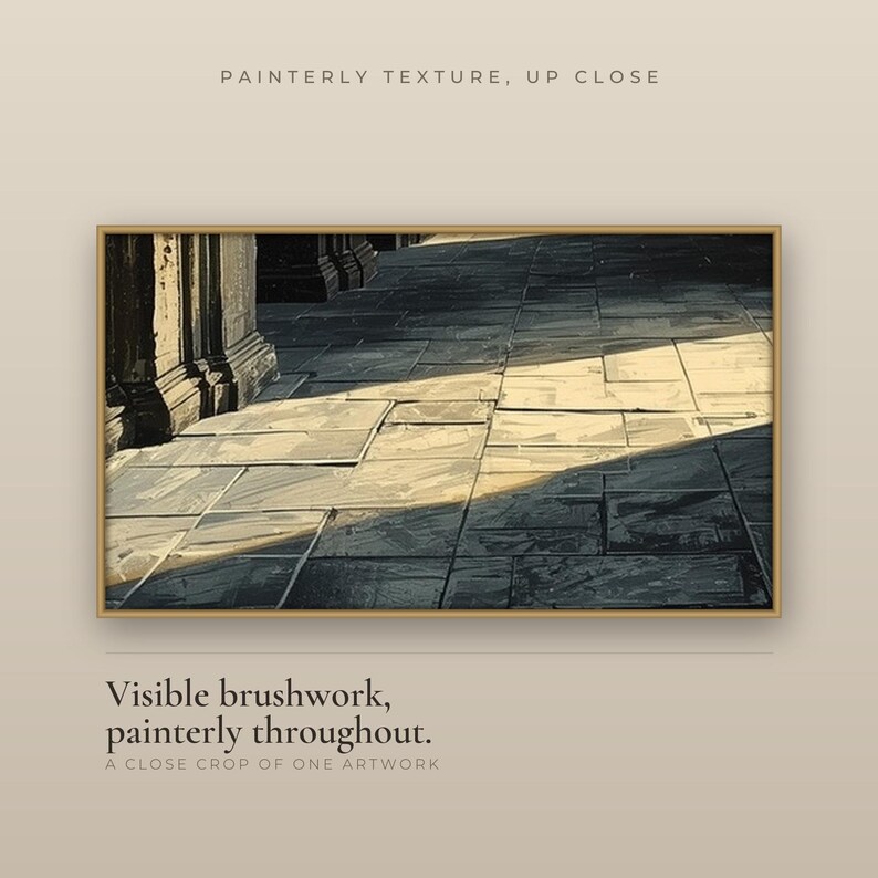 Close-up crop of one painterly dark academia artwork showing visible brushwork: a sunlit stone colonnade with daylight falling in a broad band across the flagstones. Heading reads Painterly texture, up close; caption reads Visible brushwork, painterly throughout.