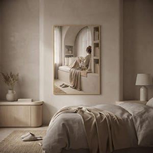 The permission to breathe print framed on the wall of a styled neutral room, showing how it sits in a real interior. neutral printable wall art, minimalist home decor, Japandi style, calm living room and bedroom decor, slow living digital download.