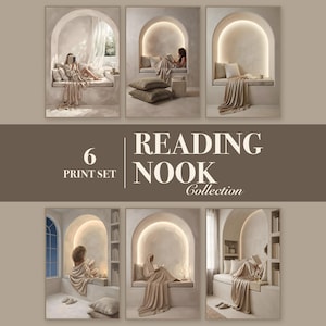 Set de 6 Láminas Rincón de Lectura | Mujeres Leyendo Minimalistas Beige | Descarga Digital Imprimible
